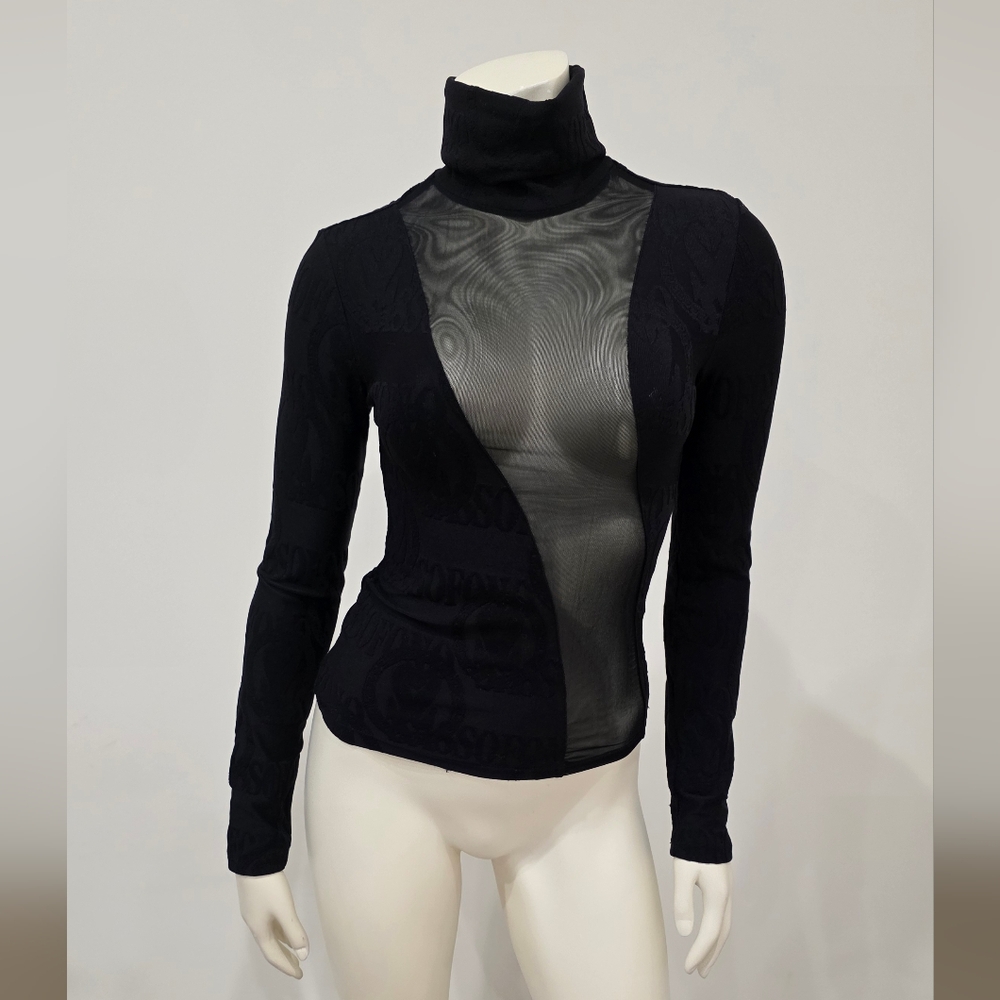 Sassofono Black Fitted Long Sleeve Turtleneck Embossed Logo Mesh Sheer